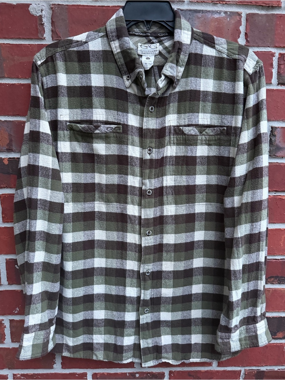 GameGuard Outdoors Men’s L Olive & Brown Plaid Button-Down Long Sleeve Shirt F7